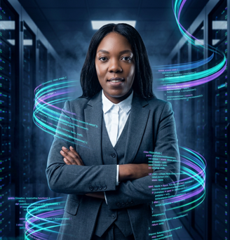 Refilwe Seilane surrounded by flowing real-time data streams