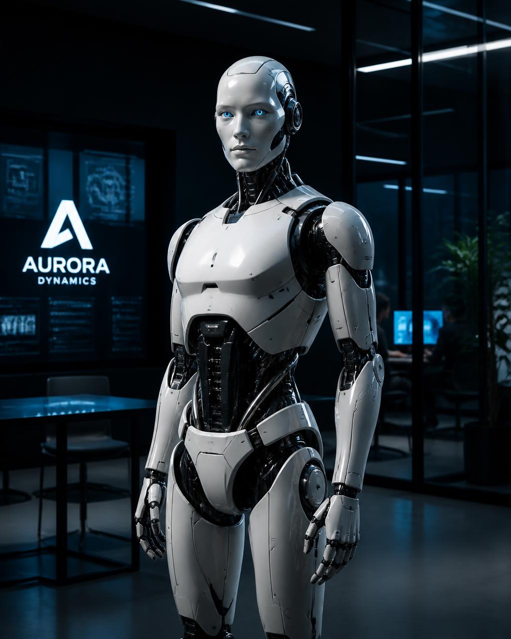 Advanced humanoid AI robot in a corporate innovation lab